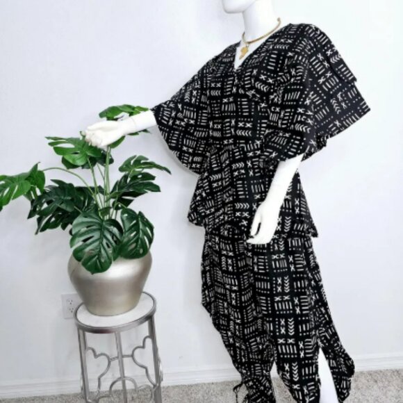 African Print Harem Pants Set / Wrap Blouse Ruffle Sleeves / Headwrap 3 Piece Se - Picture 5 of 9